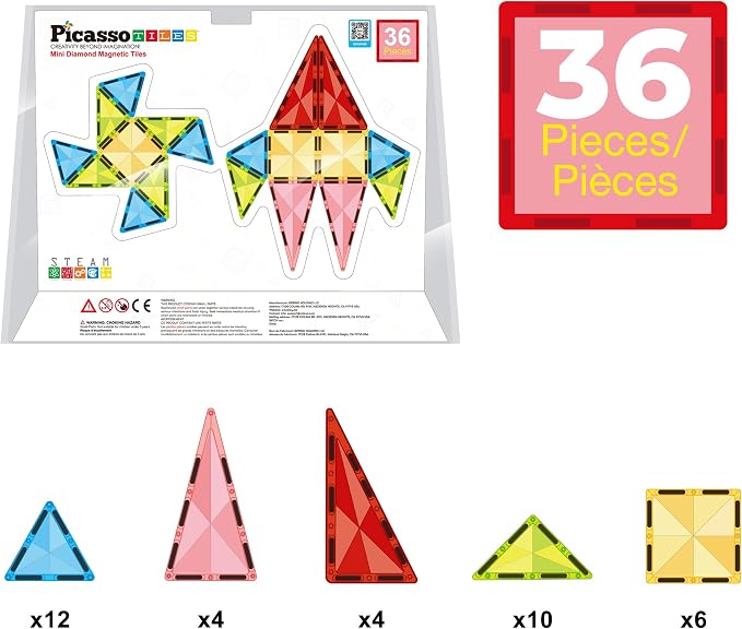 PicassoTiles 36pcs Mini Size Magnetic Tiles Magnet Toys Diamond Series Sensory Construction Building Blocks Set STEM Learning Travel Size Educational Toy for Kids Boys Girls Toddlers Age 3+ PTM36