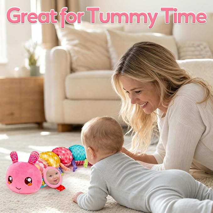 Baby Girl Toys 0-6 Months Musical Stuffed Caterpillar Pink Toys for Infant 0-3 3-6 Month Tummy Time Sensory Newborn Toys with Mirror Crinkle Rattle for 2 3 4 5 6-12 Month Old Babies Girl Shower Gifts