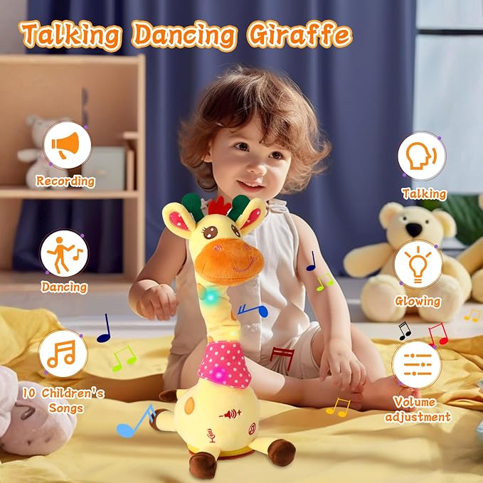 LUKETURE Dancing Talking Giraffe Toy Stuffed Plush, Cute Interactive Talking Giraffe Gift for Girls Boys Kids, Musical Baby Toys Singing 10 Children's Song Repeats What You Say
