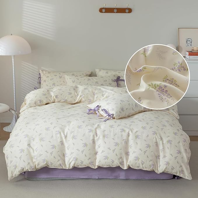 Lilac Floral Comforter Set Full Size Purple Flower Comforter with 2 Bow Ties Pillowcases Cute Floral Bedding Set Vintage Botanical Comforter Set for Girls Women Soft Fluffy Bed Set for All Season