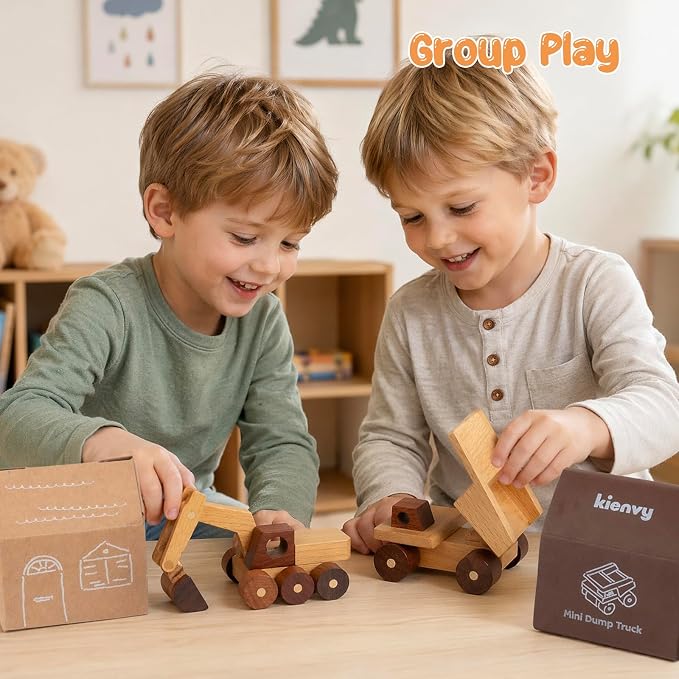 Wooden Toy Cars for 3 Year Old Boys & Girls - Construction Vehicles Set Push Toys for Toddlers, Wood Montessori Car with Rolling Wheels, Natural Wood Toys (Excavator & Dump Truck)
