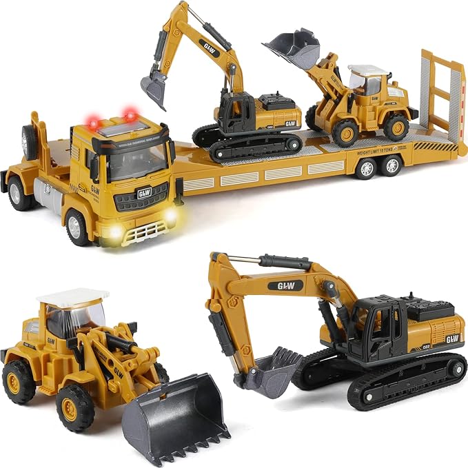 Kids Construction Truck Vehicles Toys 3 Set, Inertial Driving Metal Semi Truck Trailer and Diecast Excavator Bulldozer with Lights Sounds and Movable Parts Learning Toys Gift for Boys