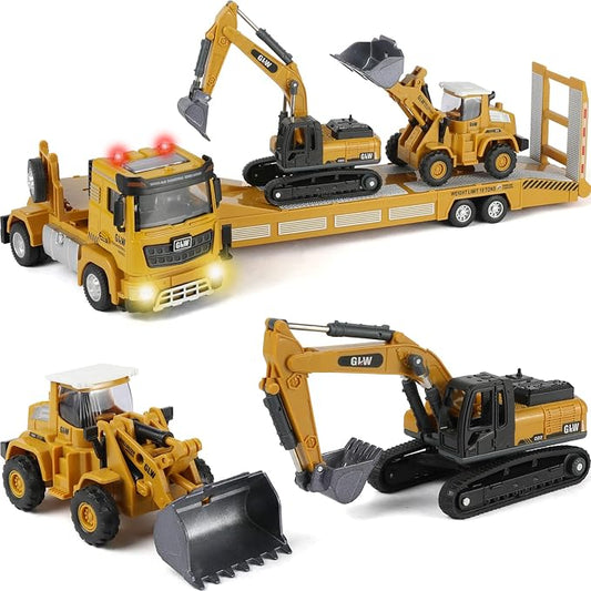 Kids Construction Truck Vehicles Toys 3 Set, Inertial Driving Metal Semi Truck Trailer and Diecast Excavator Bulldozer with Lights Sounds and Movable Parts Learning Toys Gift for Boys
