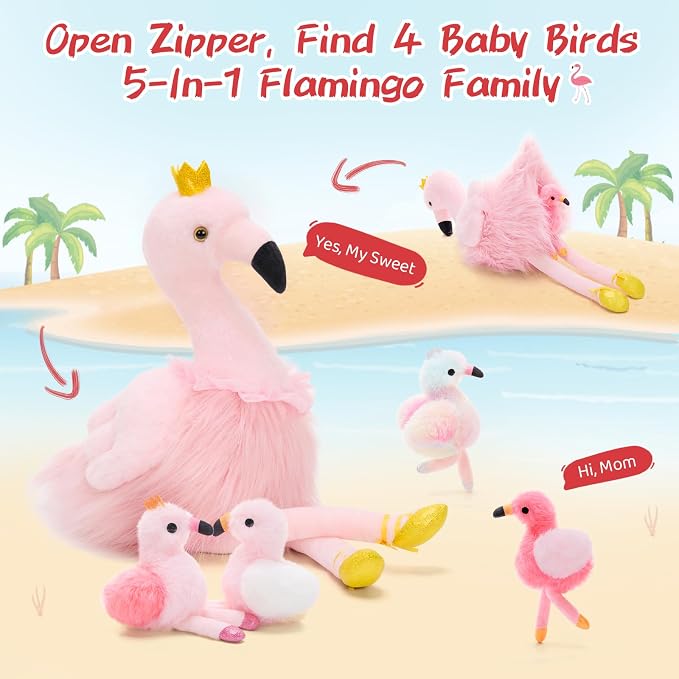 MorisMos Pink Flamingo Stuffed Animal with 4 baby Bird Plush Toys Inside, 24'' Ballerina Flamingo Plush Toys Set for Girl Boy Kid, Mom & Baby Pink Bird Stuffed Animal Gift Decor for Christmas Birthday