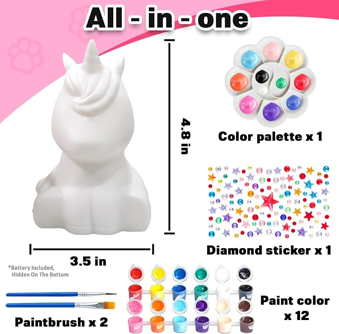 FUNZBO Paint Your Own Unicorn Lamp Kit - Arts and Crafts Supplies Painting Kits for Kids Teens, DIY Night Light Unicorn Toy for Toddlers Girl Boy Age 3 4 5 6 7 8 9 10 11 12 13 Christmas Birthday Gifts