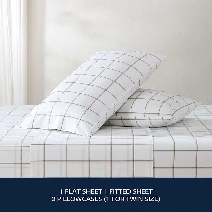 Nautica - King Bed Sheets, Lightweight Cotton Percale Bedding Set with Matching Pillowcases, Crisp & Cool, Oeko-Tex Certified (Plot Beige)