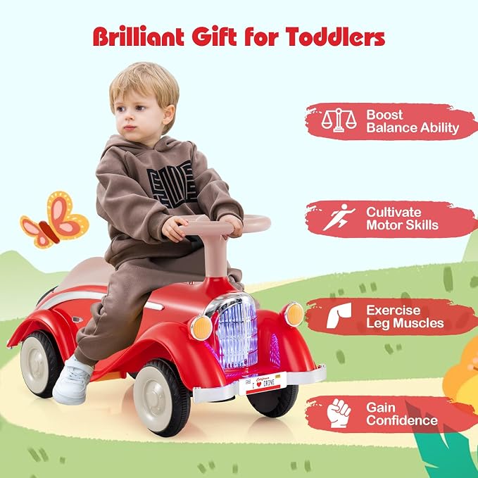 Costzon Toddler Ride On Toy, Classic Foot to Floor Sliding Car w/Steering Wheel, Horn, Headlights & Under Seat Storage, Kids Push Ride-Ons, Retro Baby Ride On Toys for Boys Girls 19-36 Months (Red)
