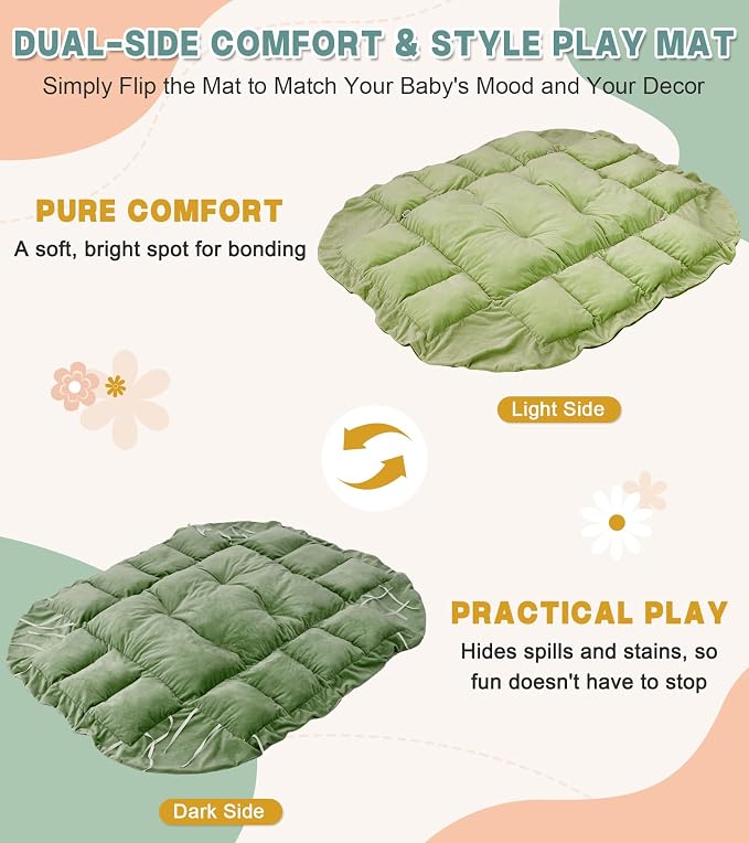 5-in-1 Baby Play Gym and Tummy Time Mat, 12 Learning Cards, Plush Activity Mat with 6 Toys, Convertible to Ball Pit, Baby Gift, Green