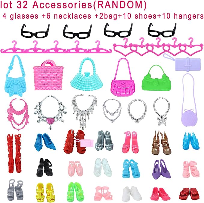 42 pcs Doll Clothes and Accessories Including 10 pcs Fashion Mini Dresses 32 pcs Shoes, Glasses, Necklaces, Handbag, Hangers Accessories for 11.5 Inch Girl Doll