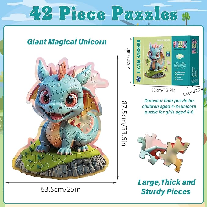 Jumbo Floor Puzzle for Kids,42 Piece Dinosaur Large Jigsaw Puzzles, Fun Preschool Educational Toy for Toddlers Ages 3-5,Gift for Boy Girl Ages 4-8