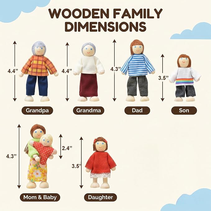 14 Pcs Wooden Dollhouse People Family Set with Movable Limbs, Mini People Figures for Doll House Play