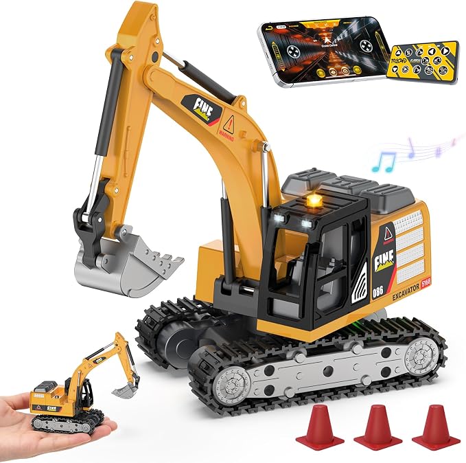 Selieve 1/64 Remote Control Excavator for Boys Age 3+ | Mini Excavator Toy, Learning Programming, Metal Shovel & Light, RC Construction Vehicle