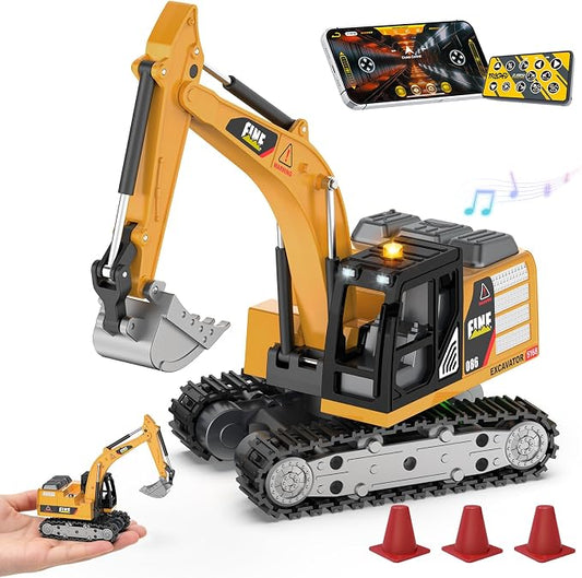 Selieve 1/64 Remote Control Excavator for Boys Age 3+ | Mini Excavator Toy, Learning Programming, Metal Shovel & Light, RC Construction Vehicle