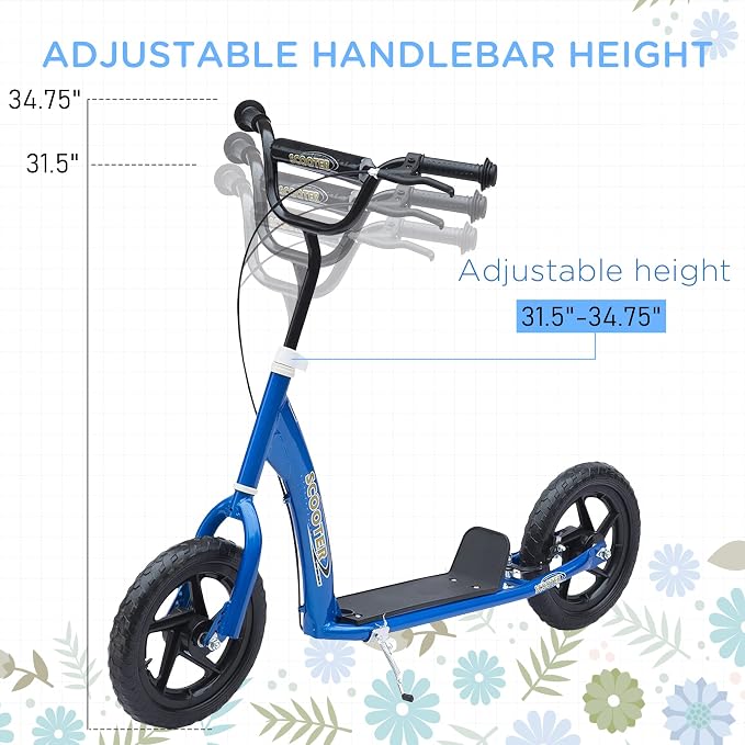 HOMCOM Kick Scooter for Kids 5-12 Years Old, Big Wheel Kids Scooter with Adjustable Height Handlebar, 12" EVA Tyres, Non-Slip Footplate, Rear Brake