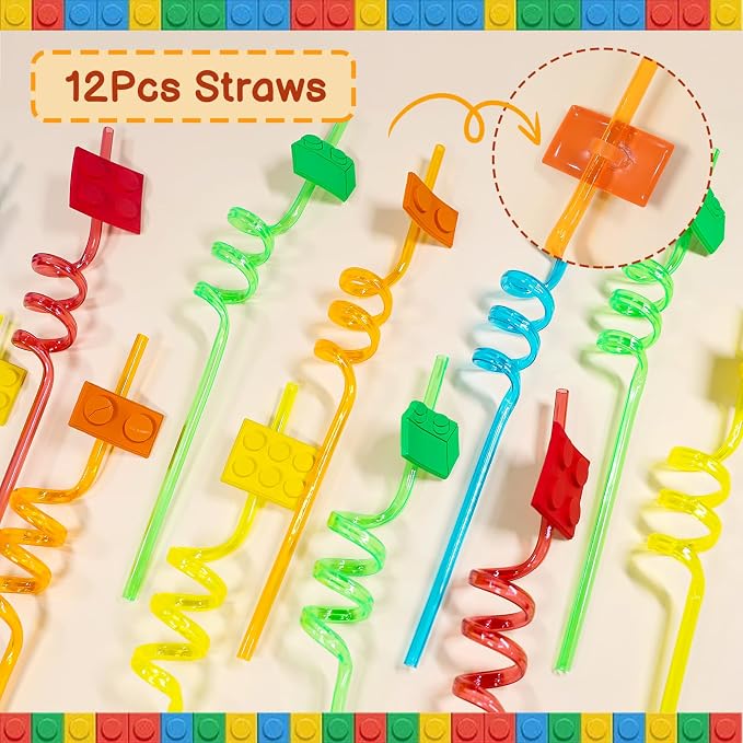 Bluegogo 104Pcs Building Block Birthday Party Favors for Kids Include Mini Notebook Pens Straws Keychains Erasers Wristbands Stickers Bags for Building Blocks Birthday Party Supplies