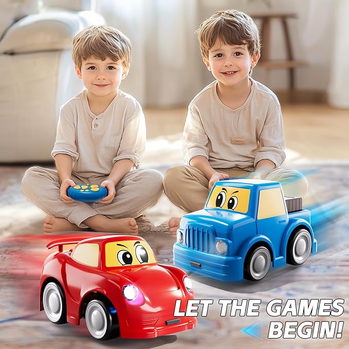 WATUDOU Remote Control Car for Toddlers 1-3 2-4 3-5, 2 Pack Cartoon 2.4 GHz RC Cars for Kids, Electric Hobby RC Car Toys, Christmas Birthday Gifts Toys for Kids Boys Girls 2 3 4 5 6 Years Old