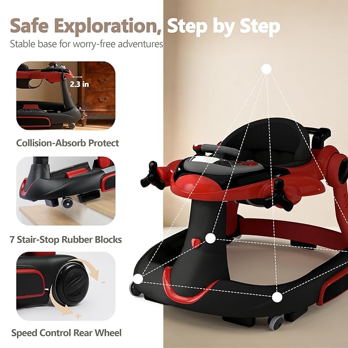 Kinder King 8-in-1 Baby Walker with Music & Lights, 3 Level Adjustable Height, Foldable Toddler Walker with Speed Adjustable Wheels, Easy to Clean, Baby Walkers for Boys & Girls 6-18 Months