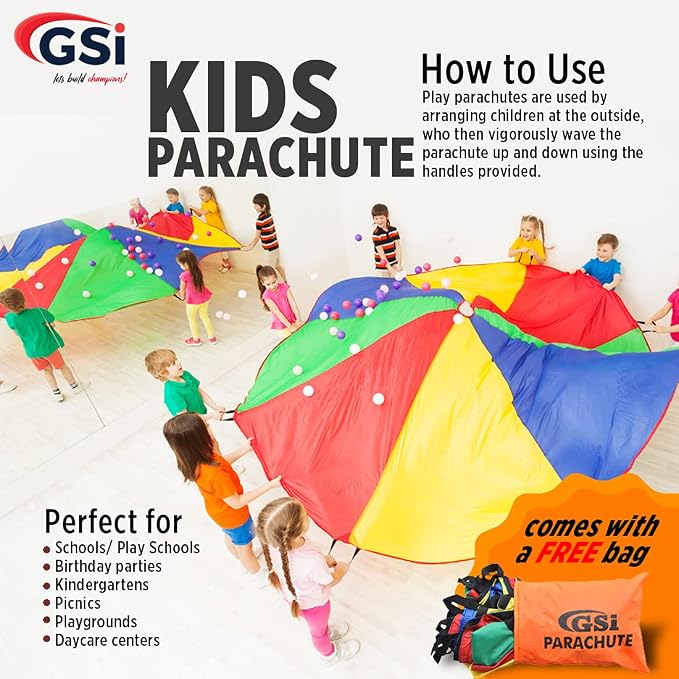 GSi Kids Play Parachute Rainbow Parachute Toy Tent Game for Children Gymnastics Cooperative Play and Outdoor Playground Activities (24 Feet)
