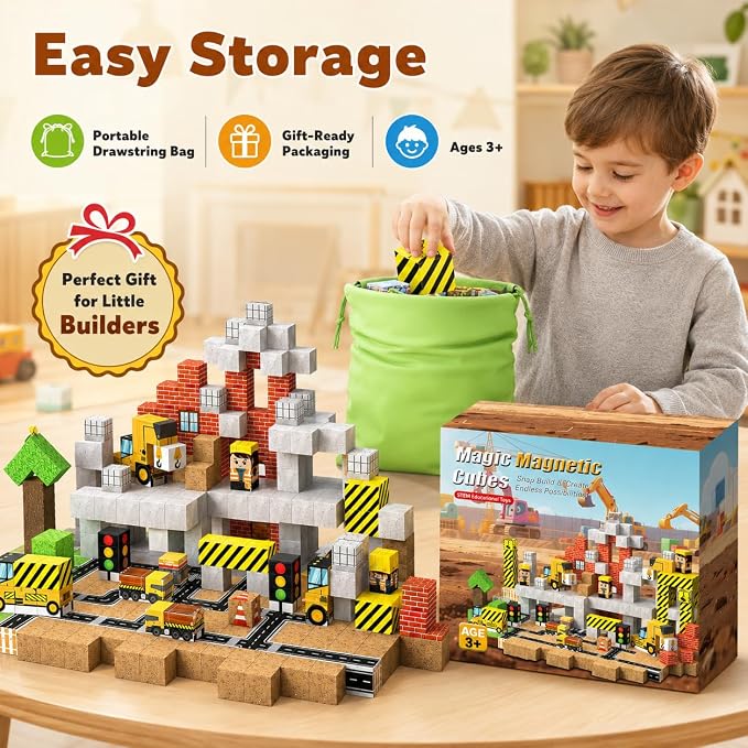 Magnetic Blocks 100PCS Construction Site Set - Build Mine Crane & Truck Magnetic Cubes, STEM Montessori Sensory Toys for Kids 3+, Educational Magnetic Tiles Gifts for Girls & Boys