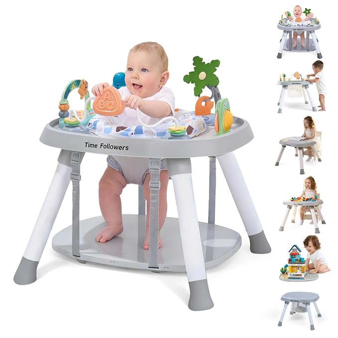 Time Followers® 6-in-1 Baby Activity Center | 4 Stage Montessori-Inspired Toys | Grow Stationary Standing Toddler Table | Jumpers & Bouncers | Must Have for Boy & Girl 6, 12, 24+ Month Old (Grey)