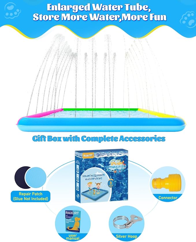 Raxurt Splash Pad, 97"- 72" Non-Slip Splash Pad for Kids and Dogs, Thickened Durable Square Dog Pool with Sprinkler Summer Outdoor Water Toys for Toddler Girls Boys Children Pet