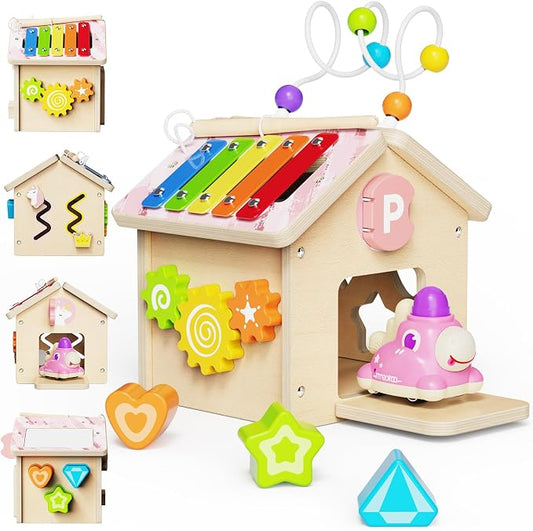 9-in-1 Wooden Activity Cube, Montessori Baby Activity Center Toys for 1+ Year Old Boys & Girls, Unicorn Theme Baby Cube with Car Toys & Shape Sorter, Educational Toy for Toddlers, Ideal Baby Gift