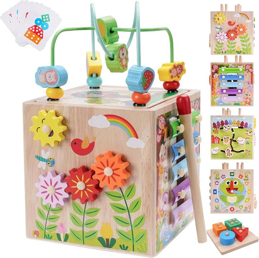Wooden Activity Cube | Montessori Toys for 1 2 3 Year Old Toddlers | One Year Old 1st 2st First Birthday Gift | Educational Toys for 12+ Months Baby Boys Girls | Bonus Sorting & Stacking Game (Blue)