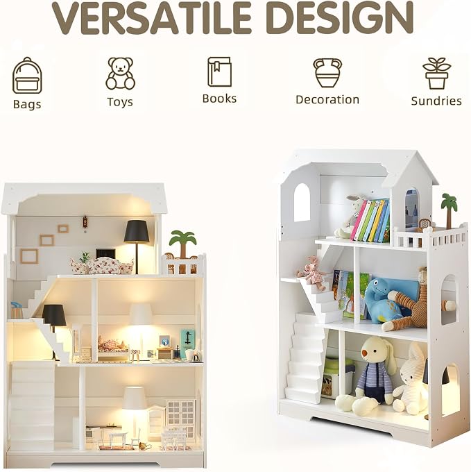 Wooden Dollhouse Bookshelf - Toddler Doll House Bookcase, Extra Space Kids Toy Storage Book Shelf, 3-Tier Children Dollhouse, Pretend Play Toy House (Modern Flat Roof)