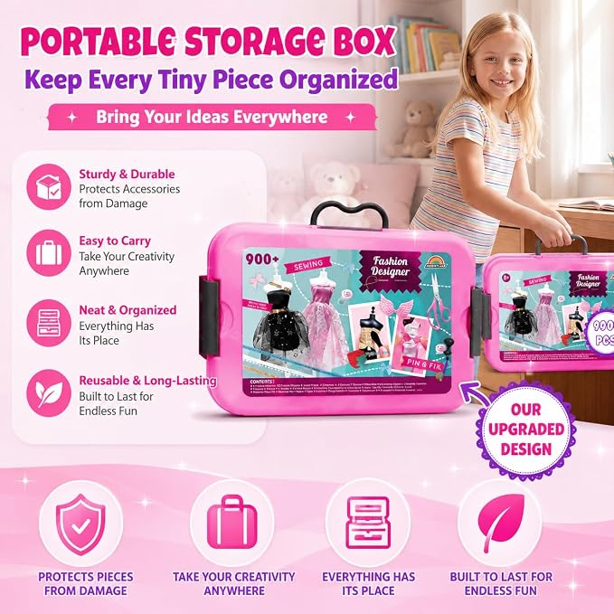 AGENTLAN Fashion Designer Kit, 900+ Dress Making Kit, DIY Craft Kit | Fashion design studio, sewing & no-sew, DIY fashion play with storage bin, gift for girls ages 6-12