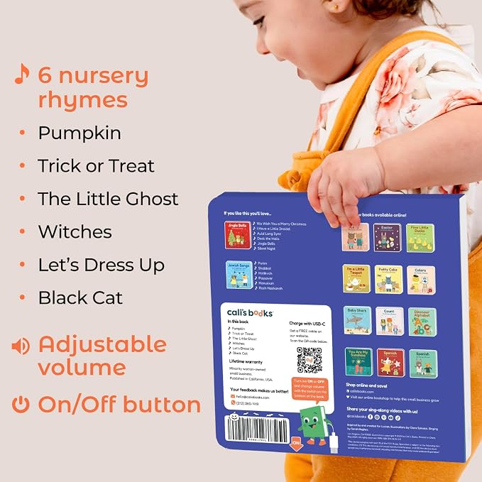 Cali's Books Halloween Musical Book | Glow-in-The-Dark Cover | New USB-C Rechargeable | Halloween Baby Toy & Books for Kids 1-3 | Toys for Toddlers