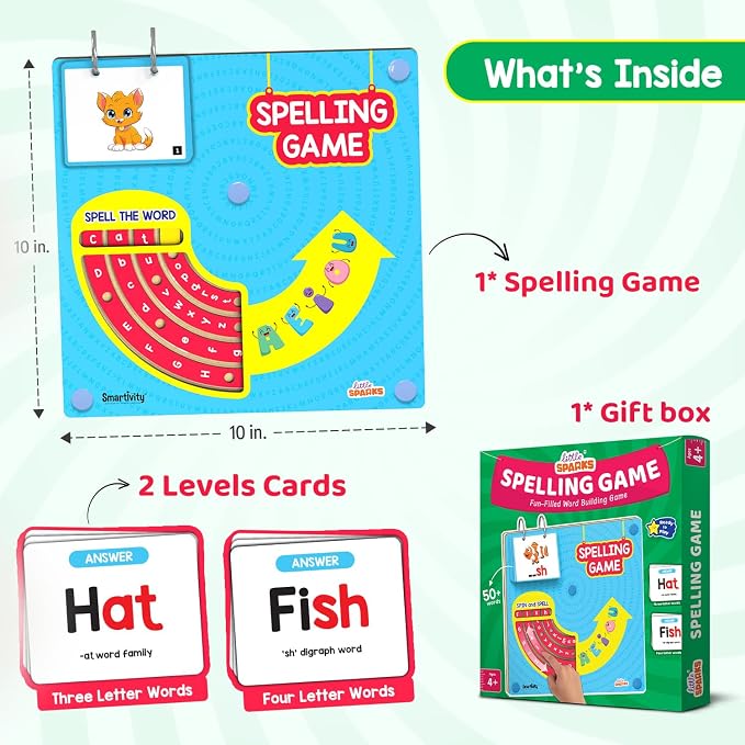Smartivity Spelling Game for Kids Ages 4, 5, 6, 7, 8 Years Old | Wooden Phonics & CVC Word Learning Toy | Early Vocabulary Building Toy for Preschool Kindergarten | Screen for Boys & Girls