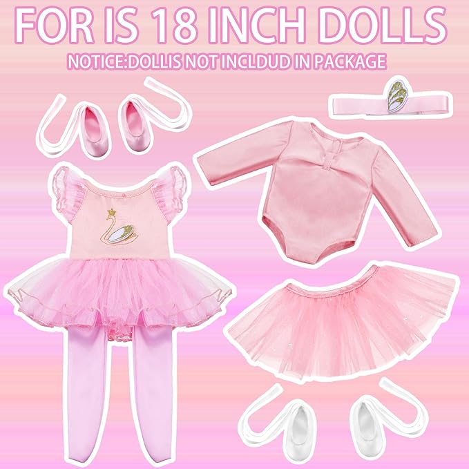 Kajaia 8 Pcs 18 Inch Doll Clothes and Accessories Doll Ballet Ballerina Outfits Include Dance Dress Dancing Shoes Hairband for 18 Inch Girl Dolls