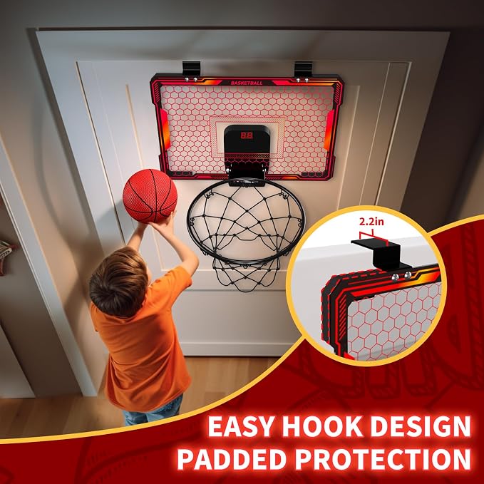 HYES Mini Basketball Hoop Indoor, Over The Door Basket Ball Hoop with 7 LED Lighting/Scoreboard/3 Modes/Foldable Rim, Wall Basketball Toy, Sport Decor Gifts for Kids Adult for Bedroom/Office (Red)