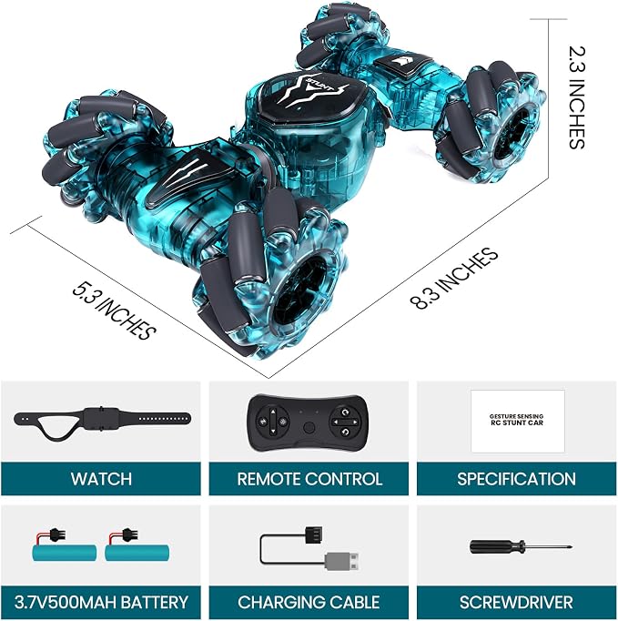 Tecnock Remote Control Car for Boys Girls, 2.4GHz 4WD Gesture Sensing RC Stunt Car Toys - 360° Rotating Double Sided Hand Controlled RC Cars with LED Lights, Gifts for Kids Ages 6-8, 8-12