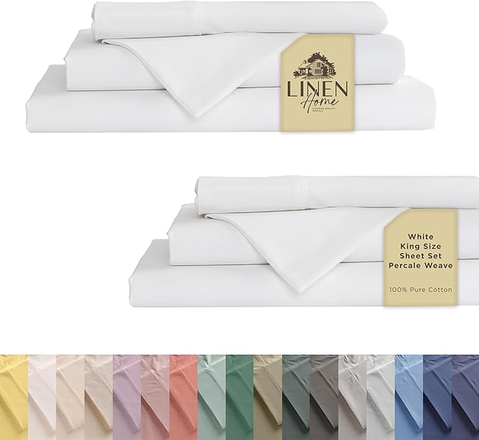 Linen Home 2-Pack King Sheet Set, 100% Cotton Percale Bedding, 8-Piece Value Bundle, Deep Pocket Cooling Bed Sheets for Hot Sleepers, Breathable & Crisp Hotel Quality, Long-Staple Cotton, White