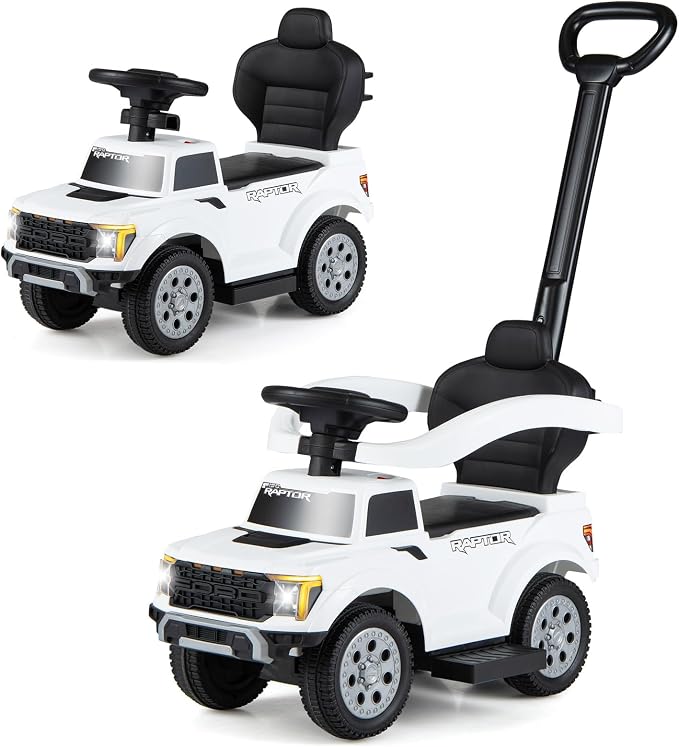 Costzon Ride On Push Car for Toddlers, 3-in-1 Ford Licensed Sliding Car w/Handle, Guardrail, Horn, Engine Sound, LED Lights, Under Seat Storage, Foot-to-Floor Kids Ride On Toys for Boys Girls (White)