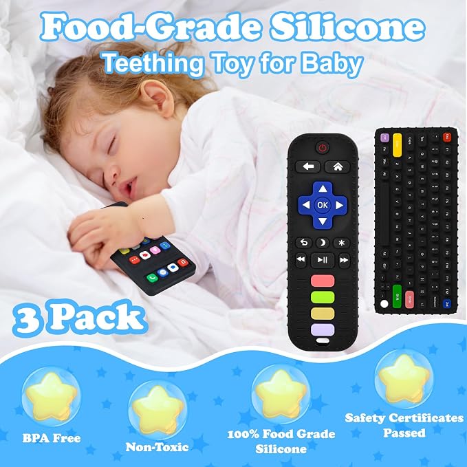 Teether Toys, Teething Relief Teethers Toys for Babies 3-6 12 Months, Play Phone Remote Control Keyboard Toy for Newborn Infant Boy Girl Autism Essentials, Food Grade Silicone Sensory Toy