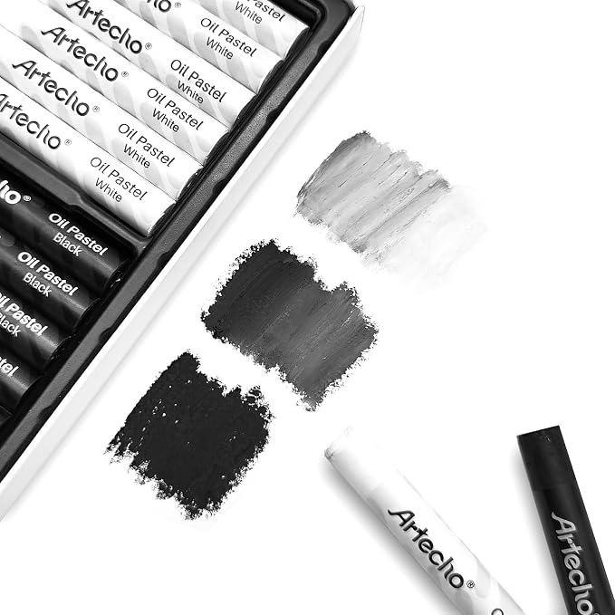 Artecho Oil Pastels Set of 12 PCS, 6 White and 6 Black, Crayons for Art Painting, Drawing, Blending (10 x 70 mm)