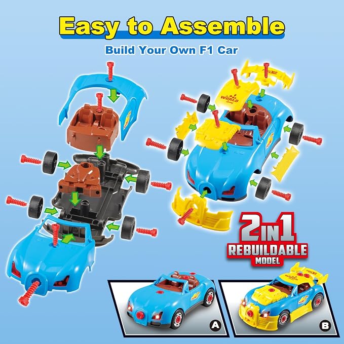 Pup Go Construction Toys for Kids 3 4 5 Years, Take Apart Toy Racing Car, 30 Pieces Building Toys with Electric Drill, Build Your Own Car, Realistic Sounds & Lights, Buildable Gifts (4 Spare Screws)