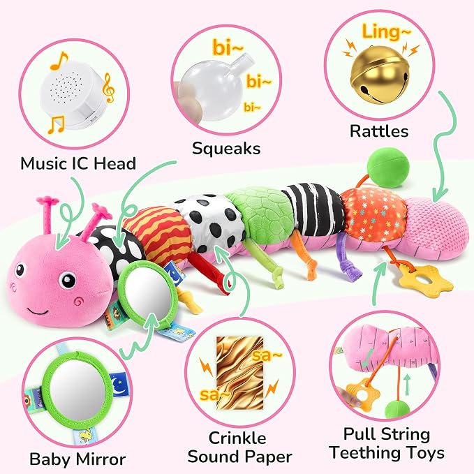 AWOTOY Baby Sensory Toys Music Caterpillar Plush Infant Toys 0 6 12 Months | Stuffed Animals Tummy Time Teething Toys with Mirror Pull String Rattle Baby Toys for Newborn Boy Girl Shower Birthday Gifts