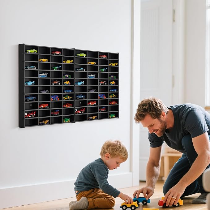 Krafetto 2 Pack Toy Car Display Shelf, Holds 80 Diecast 1/64 Toy Cars, Wall Mount Model Car Storage Organize Case, Black