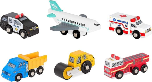 Battat – Miniature Toy Cars – 6 Pieces Wooden Minis – Classic Rescue & Construction Vehicles – Steamroller, Dump Truck – 3+ Years– Wooden Vehicles Set 2