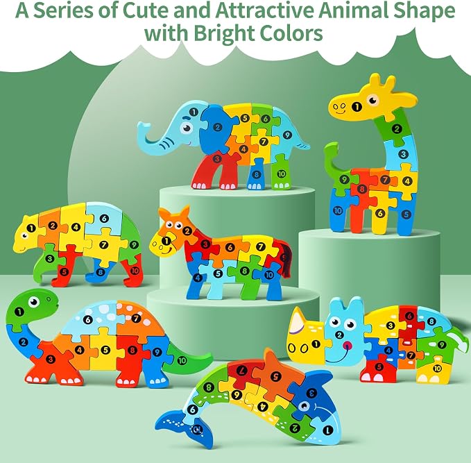 7 Pack Wooden Puzzles for Toddlers 3-5, Montessori Animal Puzzles for Kids Ages 3-5 with Numbers 1-10, Preschool Learning Educational Toys for 3 4 5 Year Old Boys Girls Birthday Gift