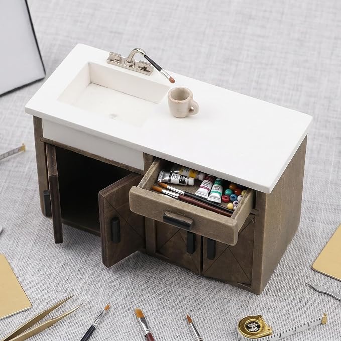 Dollhouse Furniture 1/12 Scale Miniature Sink Cabinet Wooden Bathroom Vanity Cabinet with Openable Drawer and Doors (Gray)