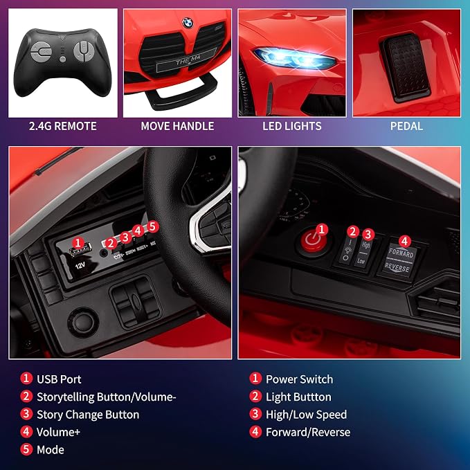 12V Ride On Car for Kids，Licensed BMW M4 Battery Powered Vehicle Car for Boys and Girls, with Remote Control,3 Speed,Led Light,(red)