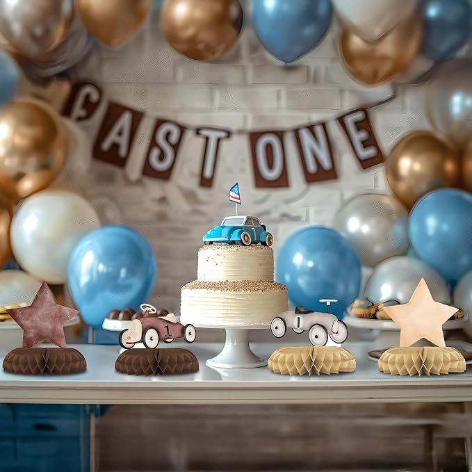 Vintage Race Car 1st Birthday Honeycomb Centerpieces 12 Pack, Race Car First Birthday Decorations, Boy First Birthday Race Car Theme Party Table Centerpieces, Retro Racing Party Supplies