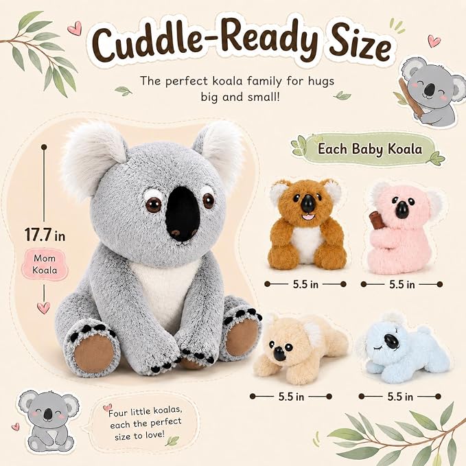 5 Piece Koala Plush Family Set, 17.7 Inch Mom Koala Stuffed Animal with 4 Baby Koala Plush Toys, Soft Koala Bear Plush with Zippered Back Pouch, Birthday for Kids