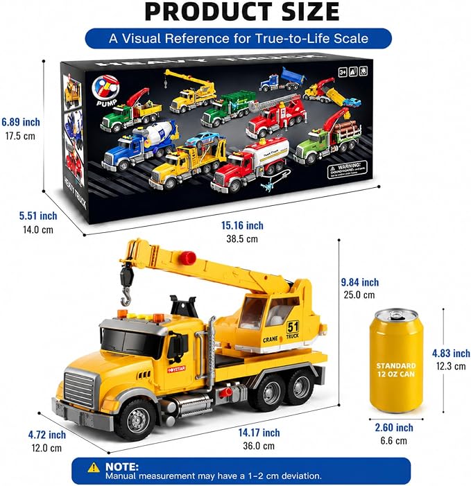 14" Yellow Large Crane Truck Toy,Tow Truck Toy,Construction Trucks for Boys Girls 3 4 5 6 7 8 Years Old,with Lights & Sounds,Holiday and Birthday Gift