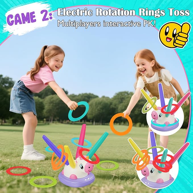 Unicorn Stomp Rocket Launcher for Kids Ages 3-8, 3-in-1 Outdoor Toys for Girls with Musical Jumping Game, Ring Toss, Remote Control, Birthday Gift for Screen-Free Active Backyard Outdoor Play