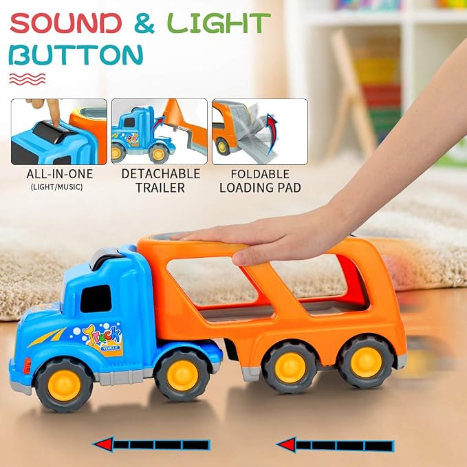 Forty4 9 Pack Cars Toys for 2 3 4 5 Years Old Toddlers Boys & Girls Gift, Big Transport Truck with 8 Small Cute Pull Back Trucks, Carrier Truck with Sound & Light 13.5 * 5.5 inch, 2.5 * 1.6 inch